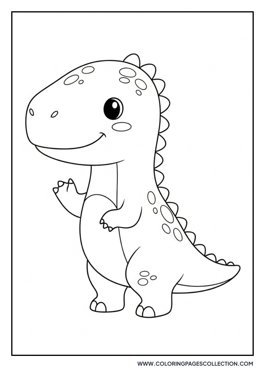 Friendly Baby Dinosaur Waving Hello - Free Printable Line Art