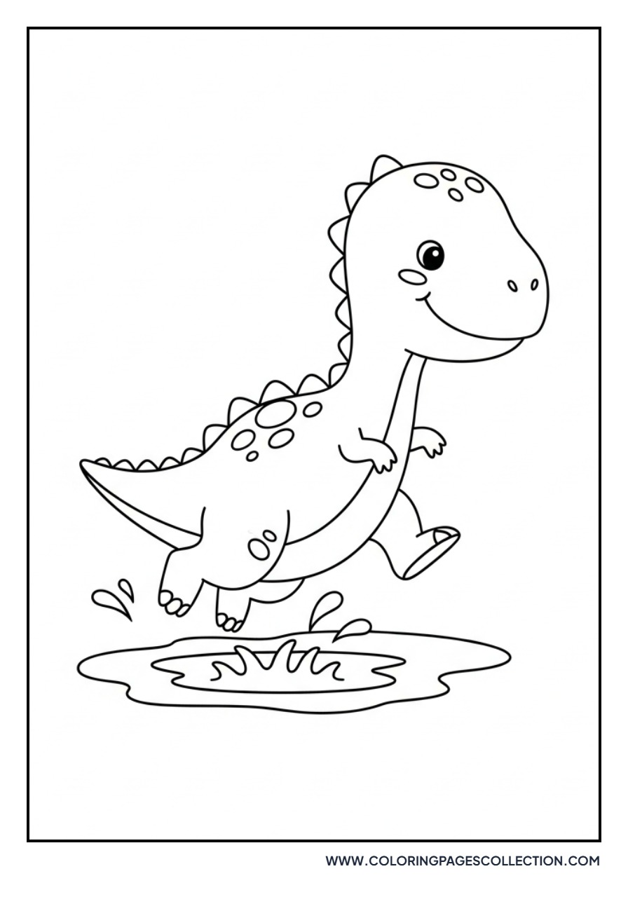 Happy Dinosaur Splashing in a Puddle - Free Printable Line Art