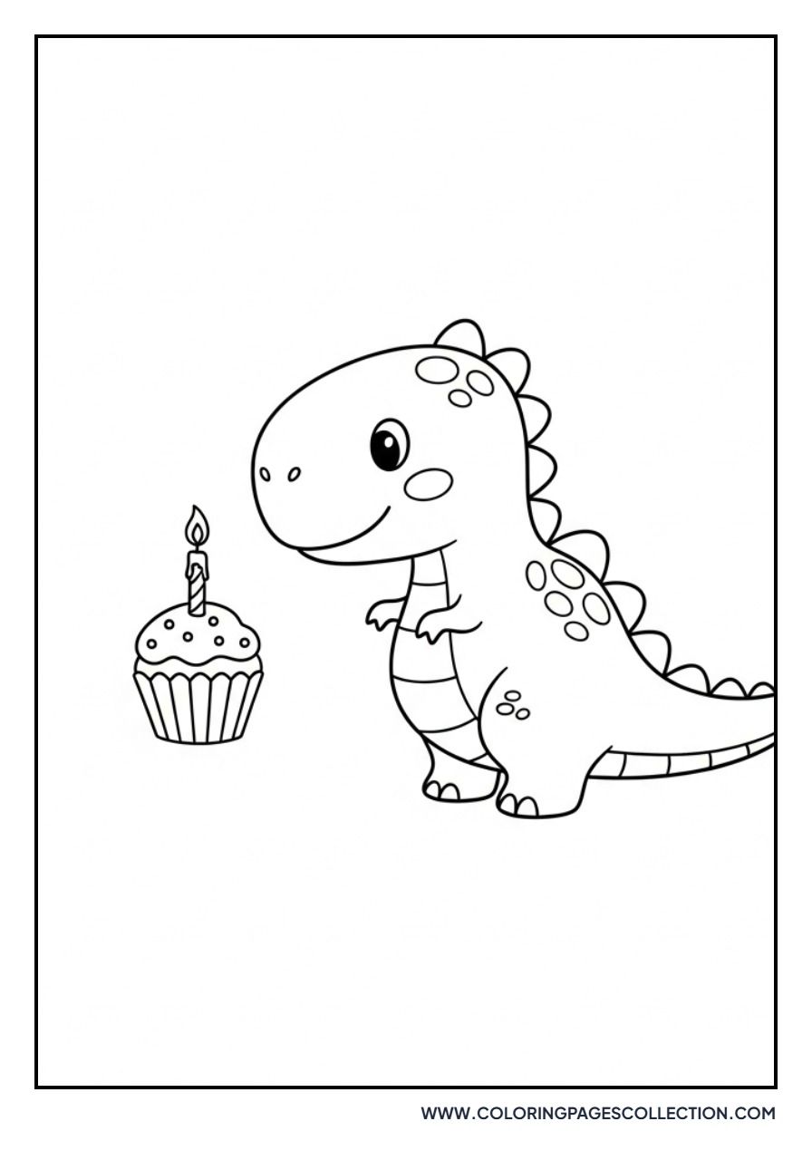 Happy Dinosaur with a Cupcake - Free Printable Line Art