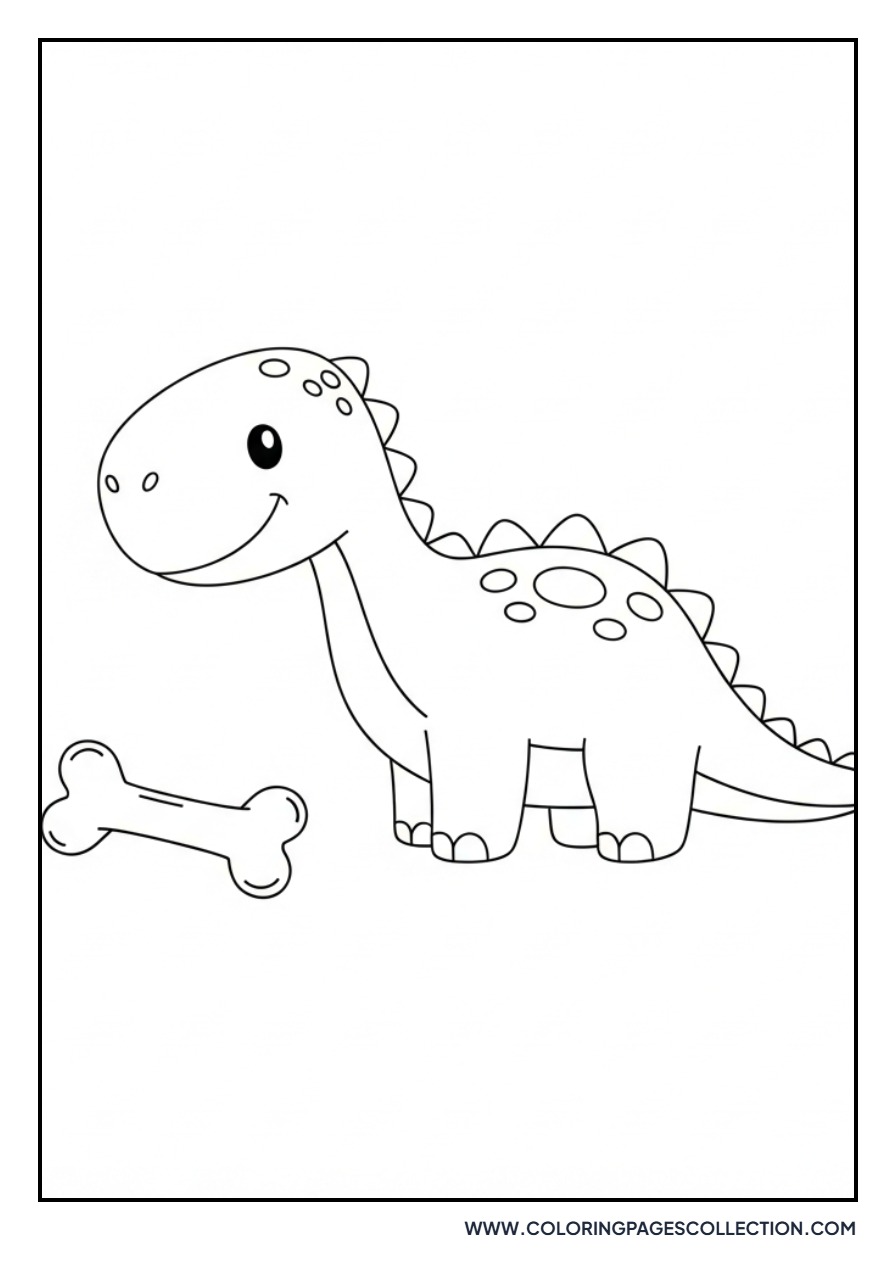 Happy Dinosaur with a Small Bone - Free Printable Line Art