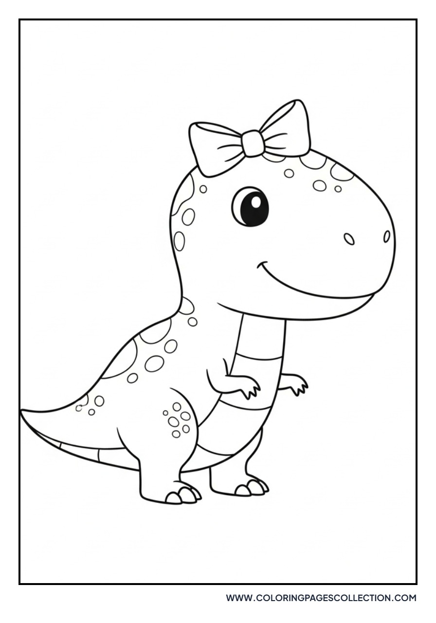 Kawaii Baby T-Rex with a Bow - Free Printable Line Art