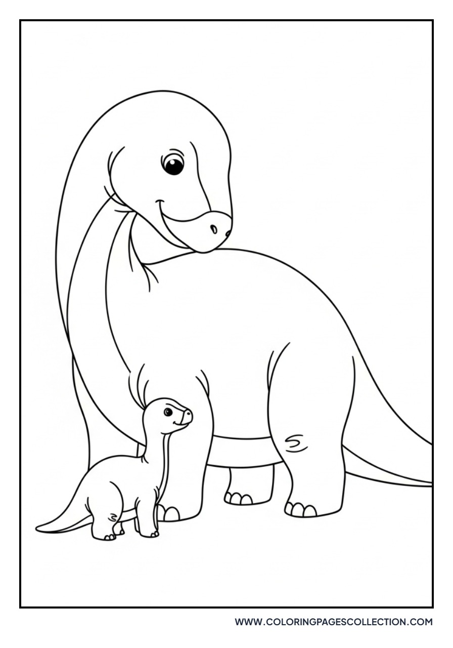 Mama and Baby Dinosaur Together - Free Printable Line Art