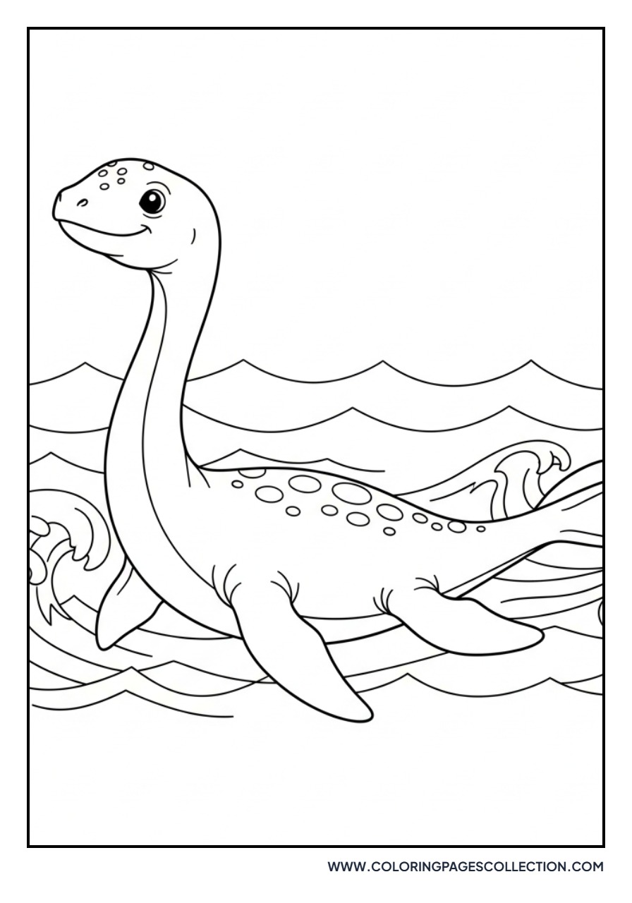 Plesiosaur Swimming in Simple Waves - Free Printable Line Art
