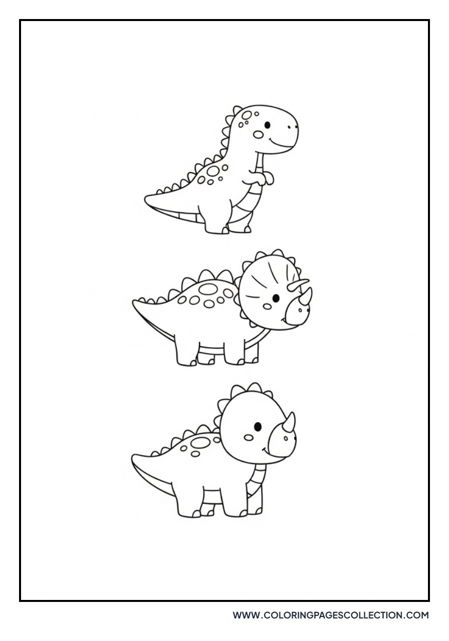 Three Little Dinosaurs in a Row - Free Printable Line Art