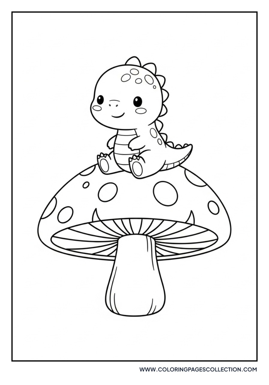 Tiny Dinosaur on a Big Mushroom - Free Printable Line Art
