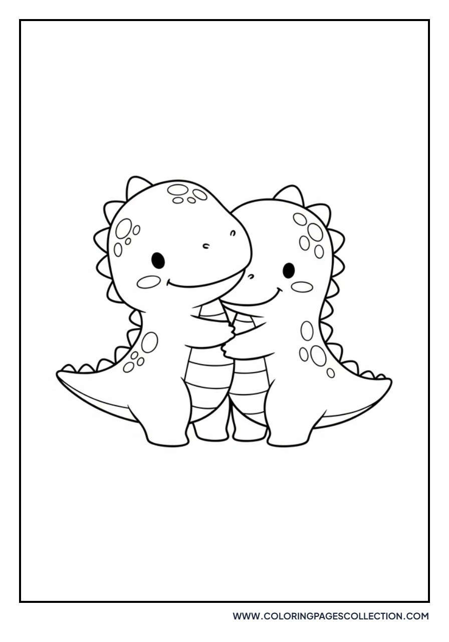 Two Dinosaur Friends Hugging - Free Printable Line Art