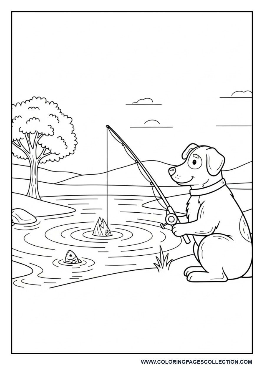 Dog Fishing by Lake