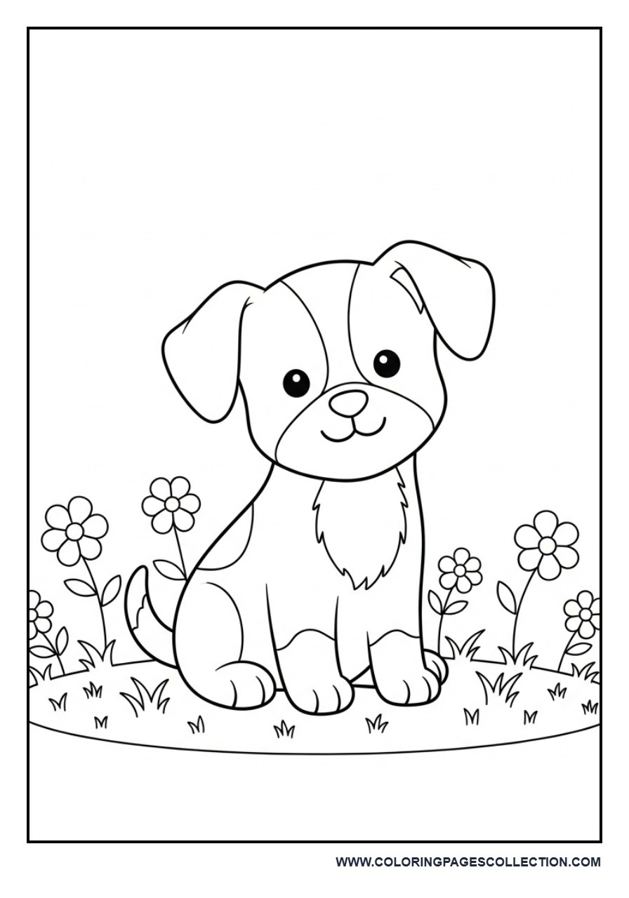 Puppy with Flowers Field