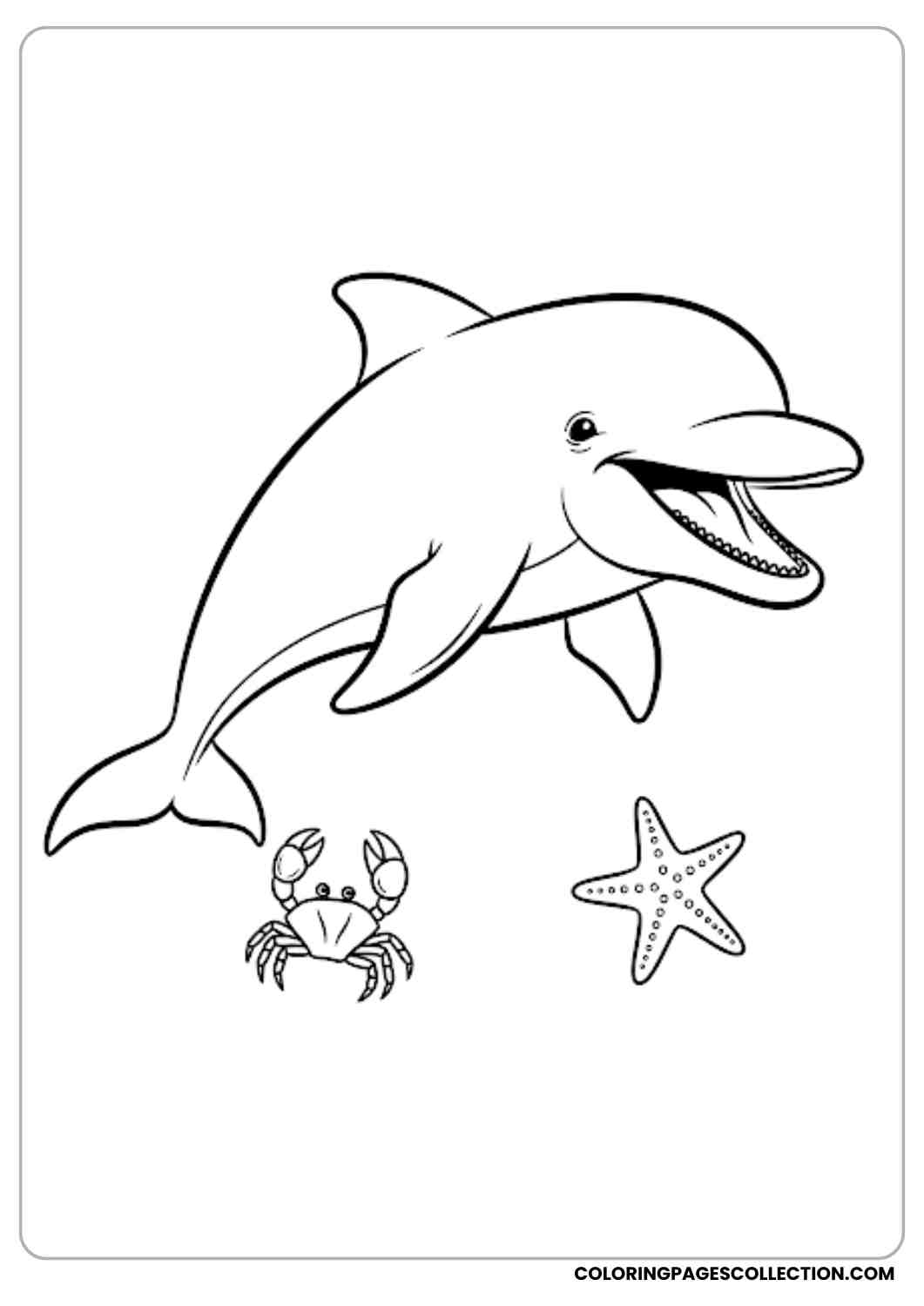 Smiling Dolphin with Crab coloring page.