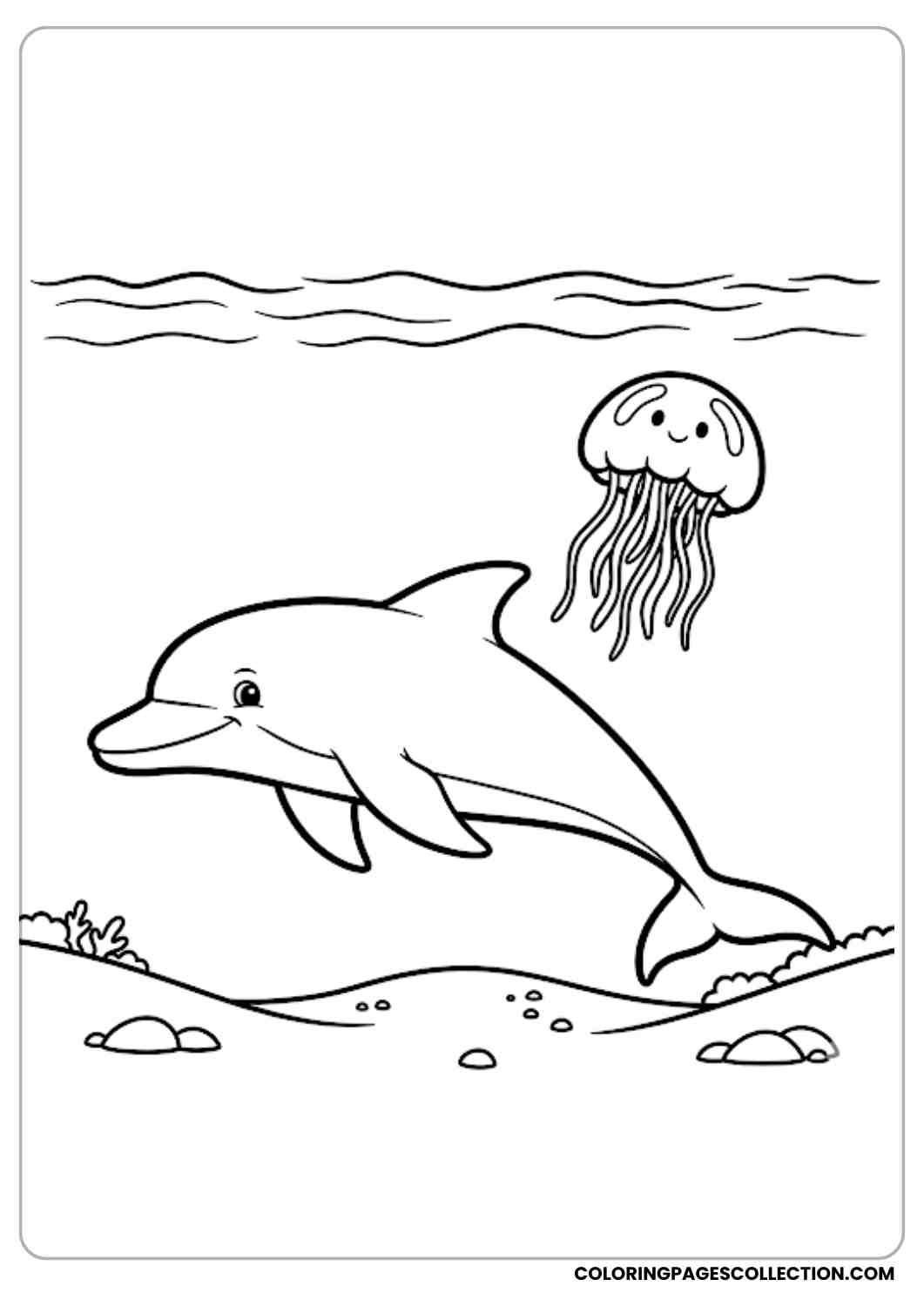 Dolphin and Jellyfish Scene coloring page.