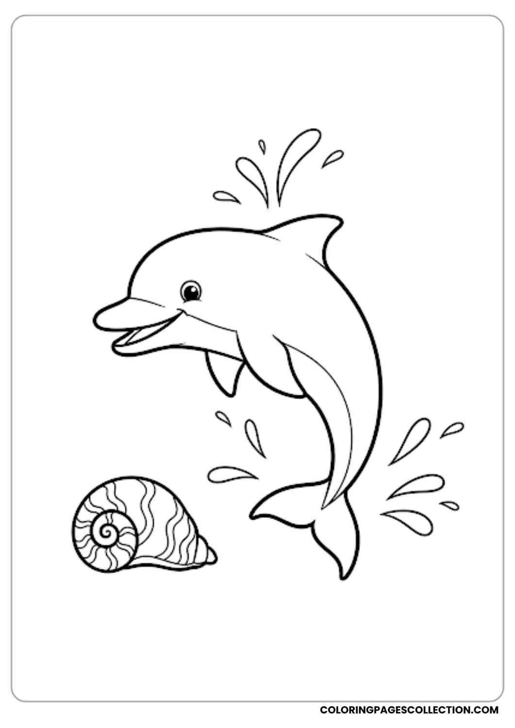 Dolphin Splash with Seashell coloring page.