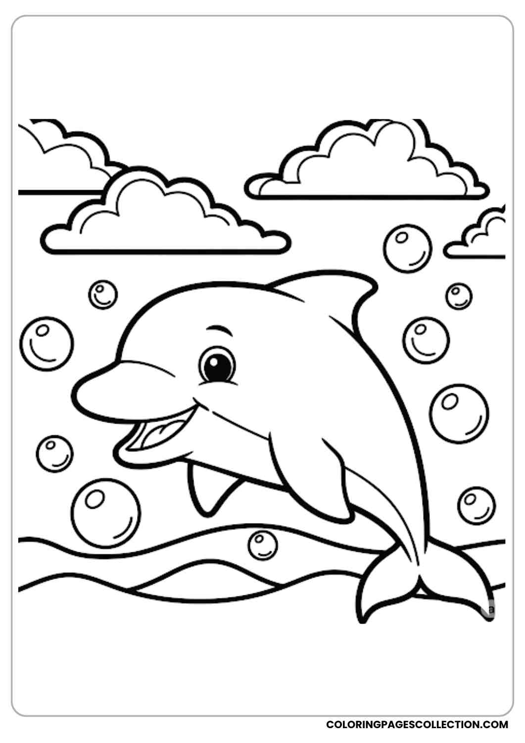 Dolphin with Clouds & Bubbles coloring page.