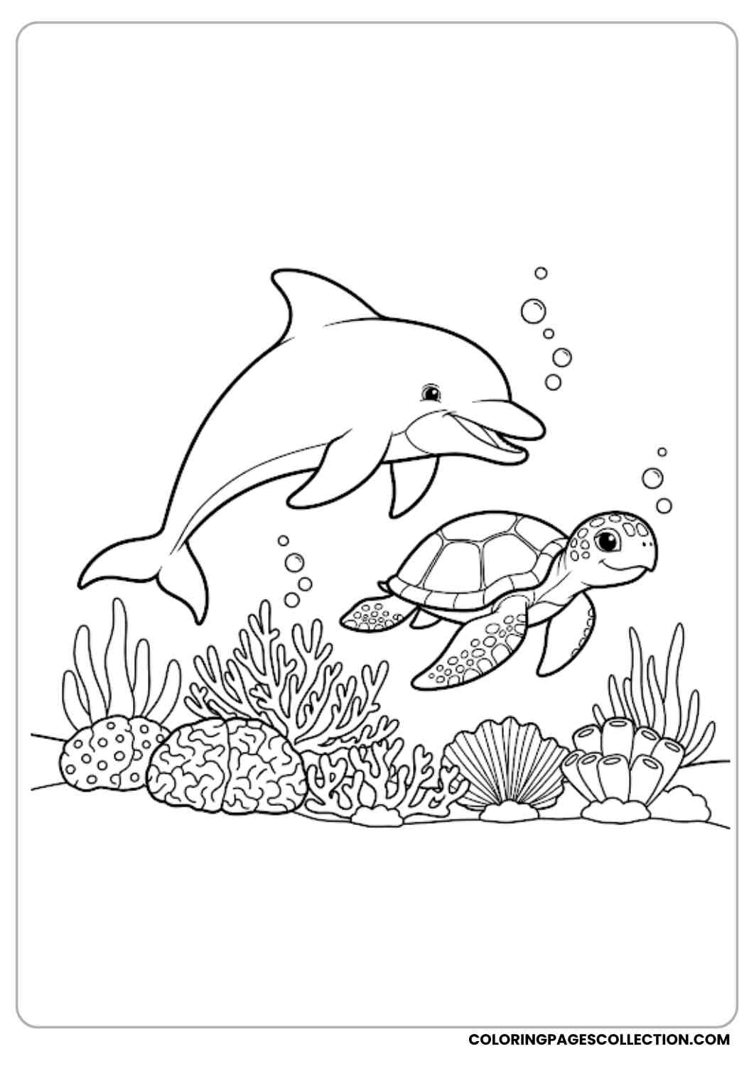Dolphin & Turtle Coral Reef coloring page.