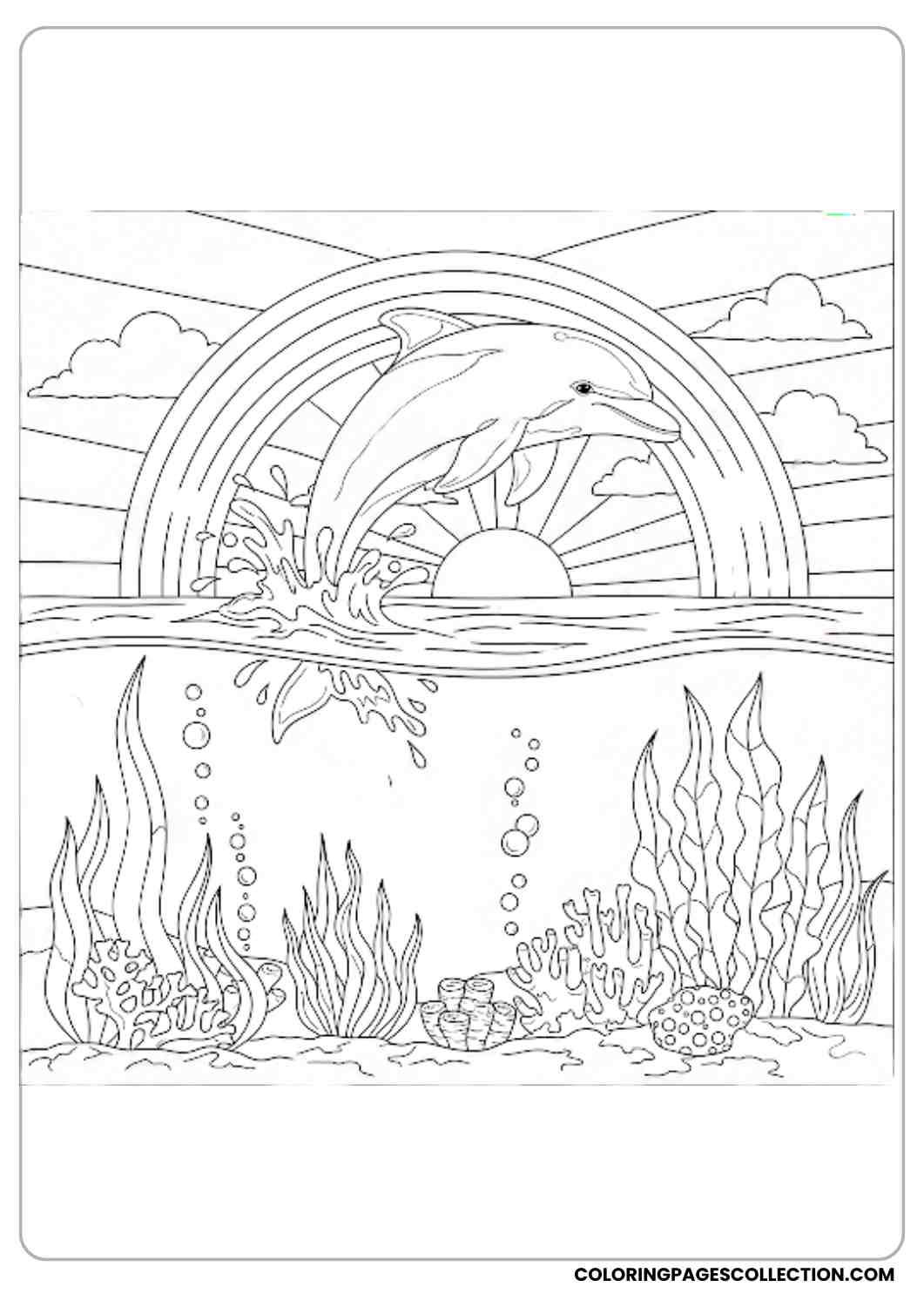 Dolphin Under Rainbow Scene coloring page.