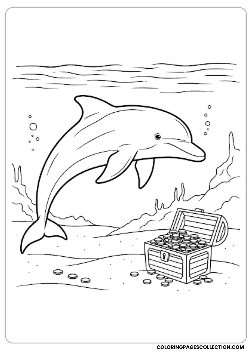 Dolphin with Treasure Chest coloring page.