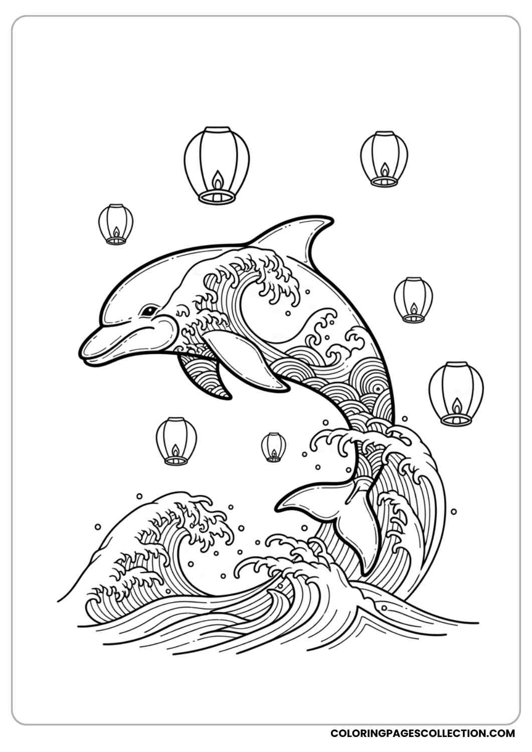 Stylized Dolphin with Patterns coloring page.