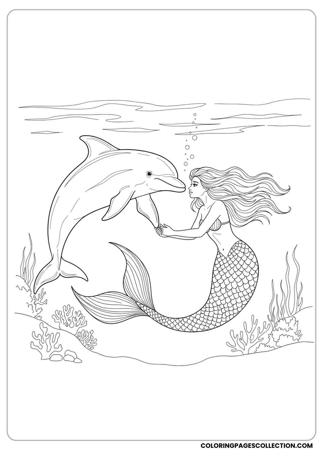 Dolphin and Mermaid Friends coloring page.
