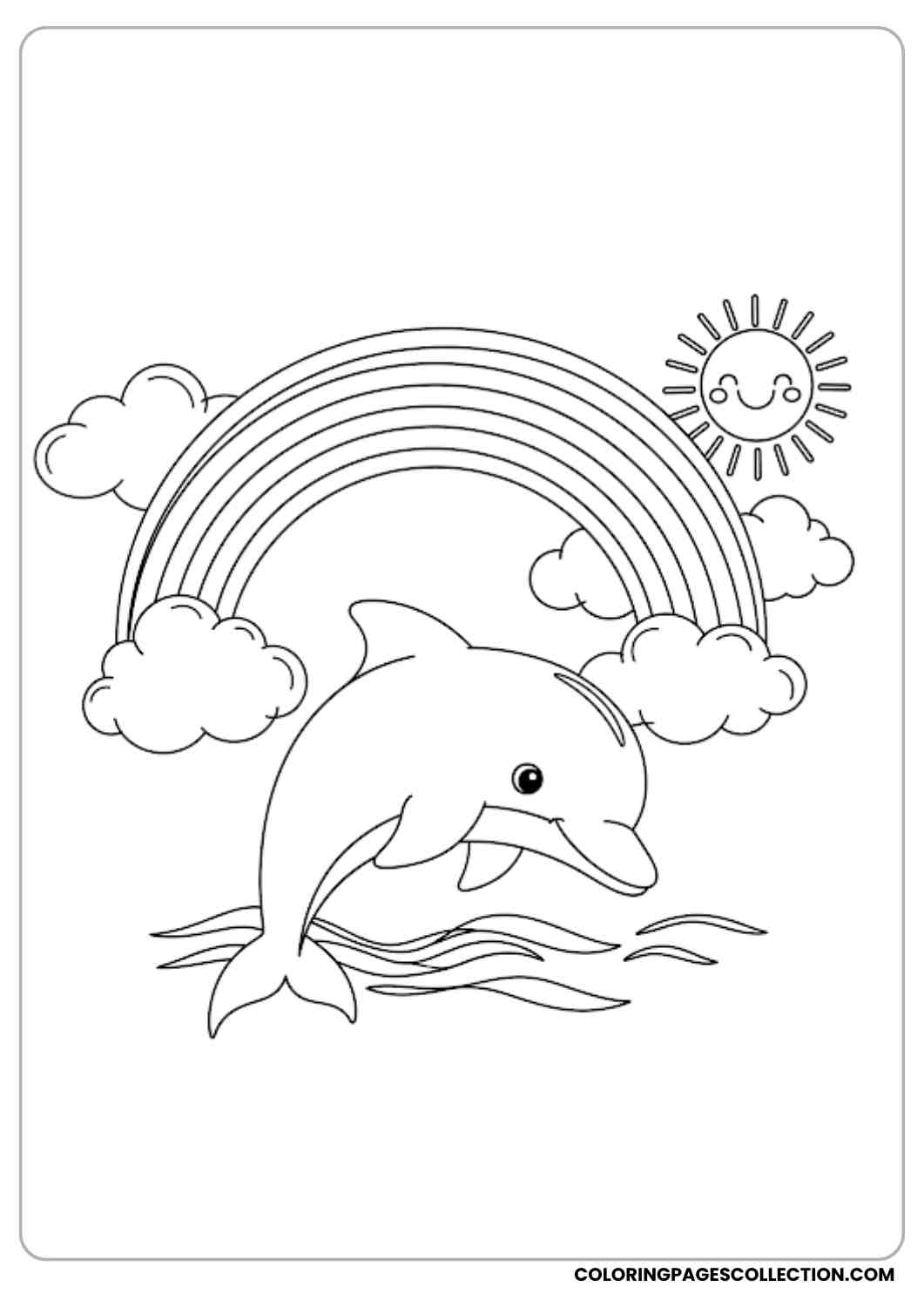 Dolphin Jumping Under Rainbow coloring page.