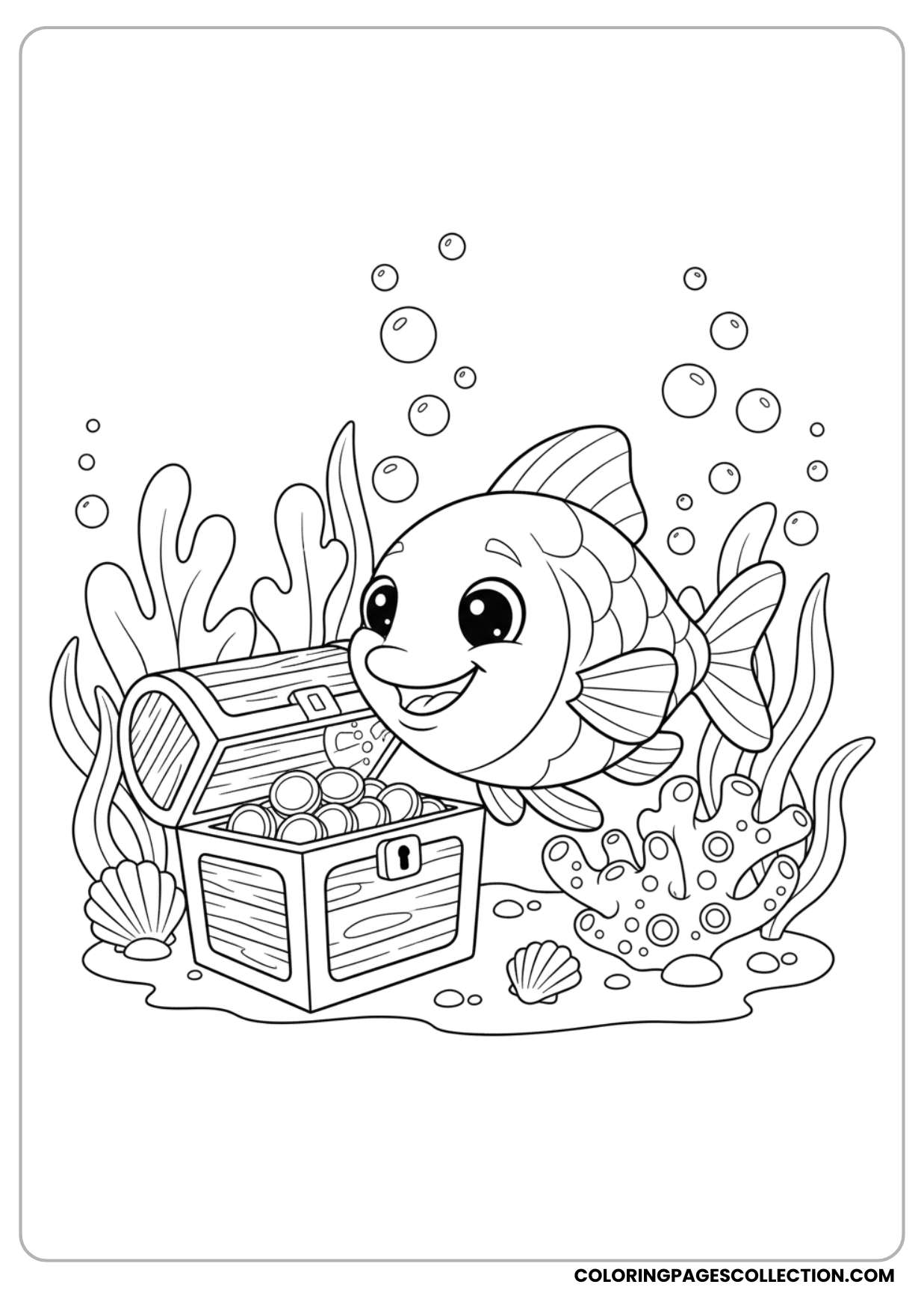 This relaxing cute fish with treasure chest coloring page is a great way to relax with colors.