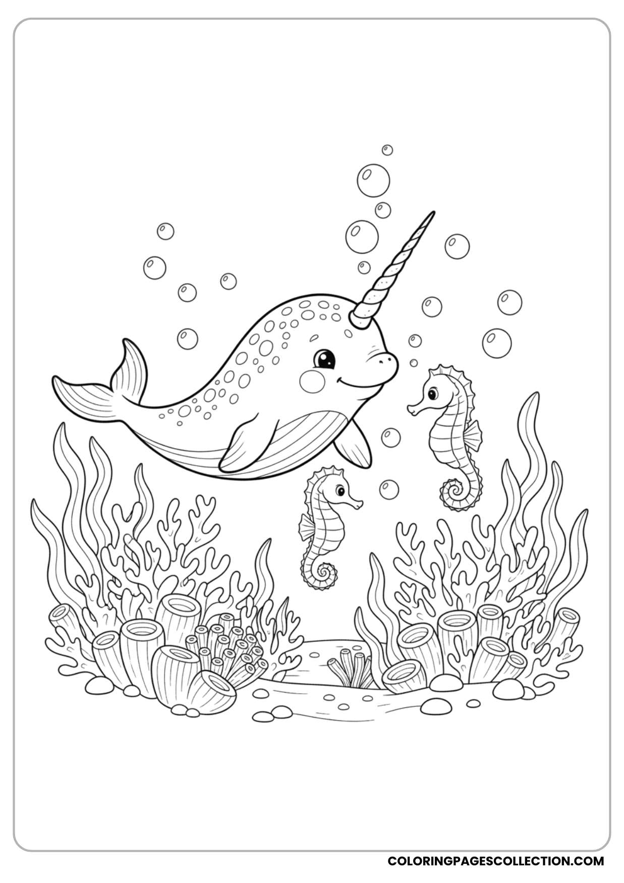 This beautiful narwhal with seahorses coloring page may be your little masterpiece today.