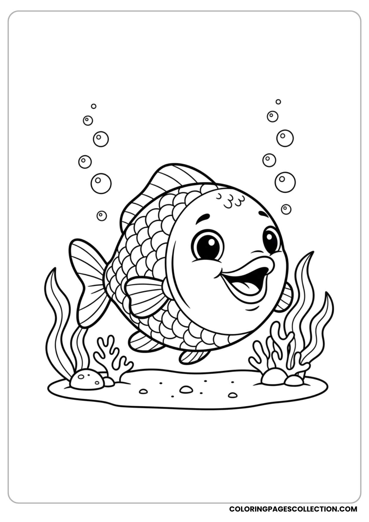 A calming cute cartoon fish coloring page is waiting for your mild colors to bring it alive.