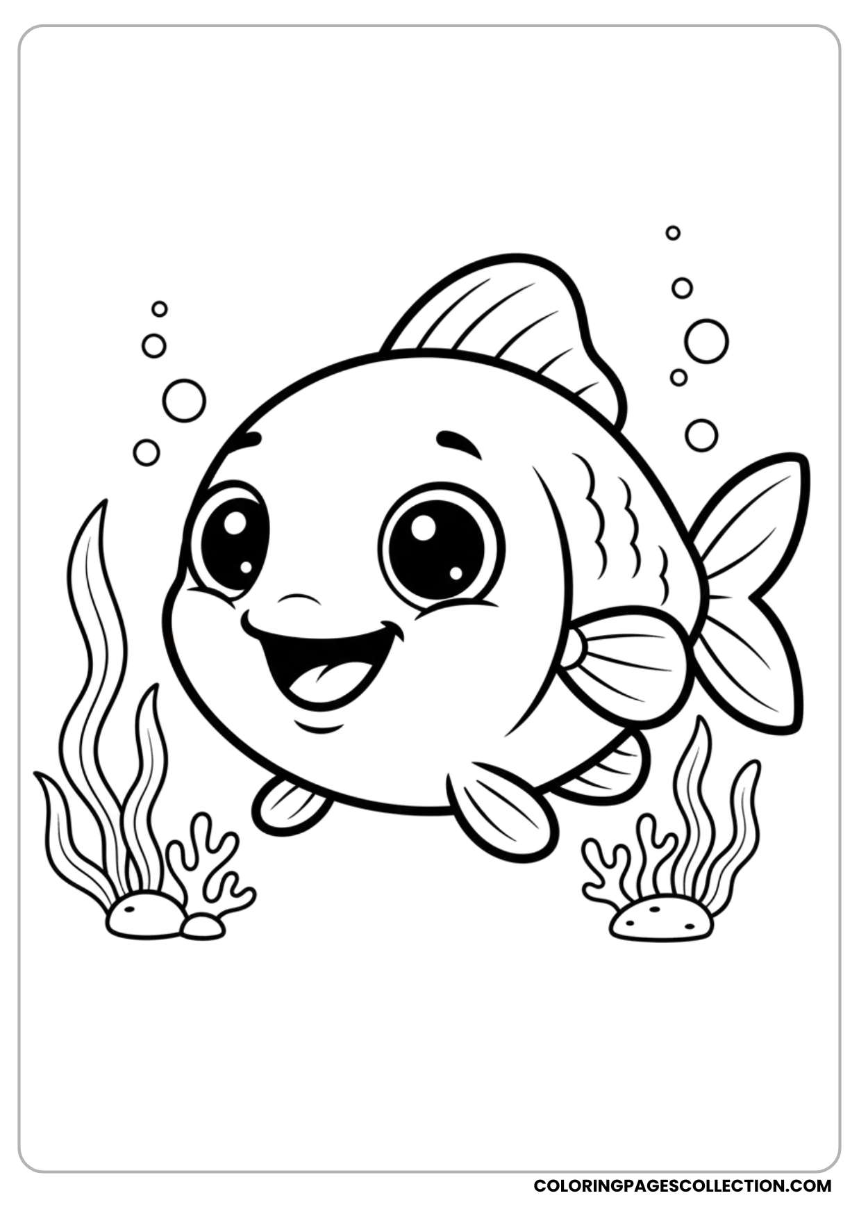 One funny cartoon fish with big eyes coloring page waiting to be filled with happy colors.
