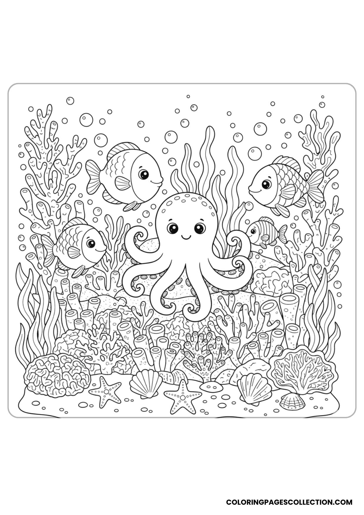 This simple underwater sea life scene coloring page will transform with the bright colors you choose.