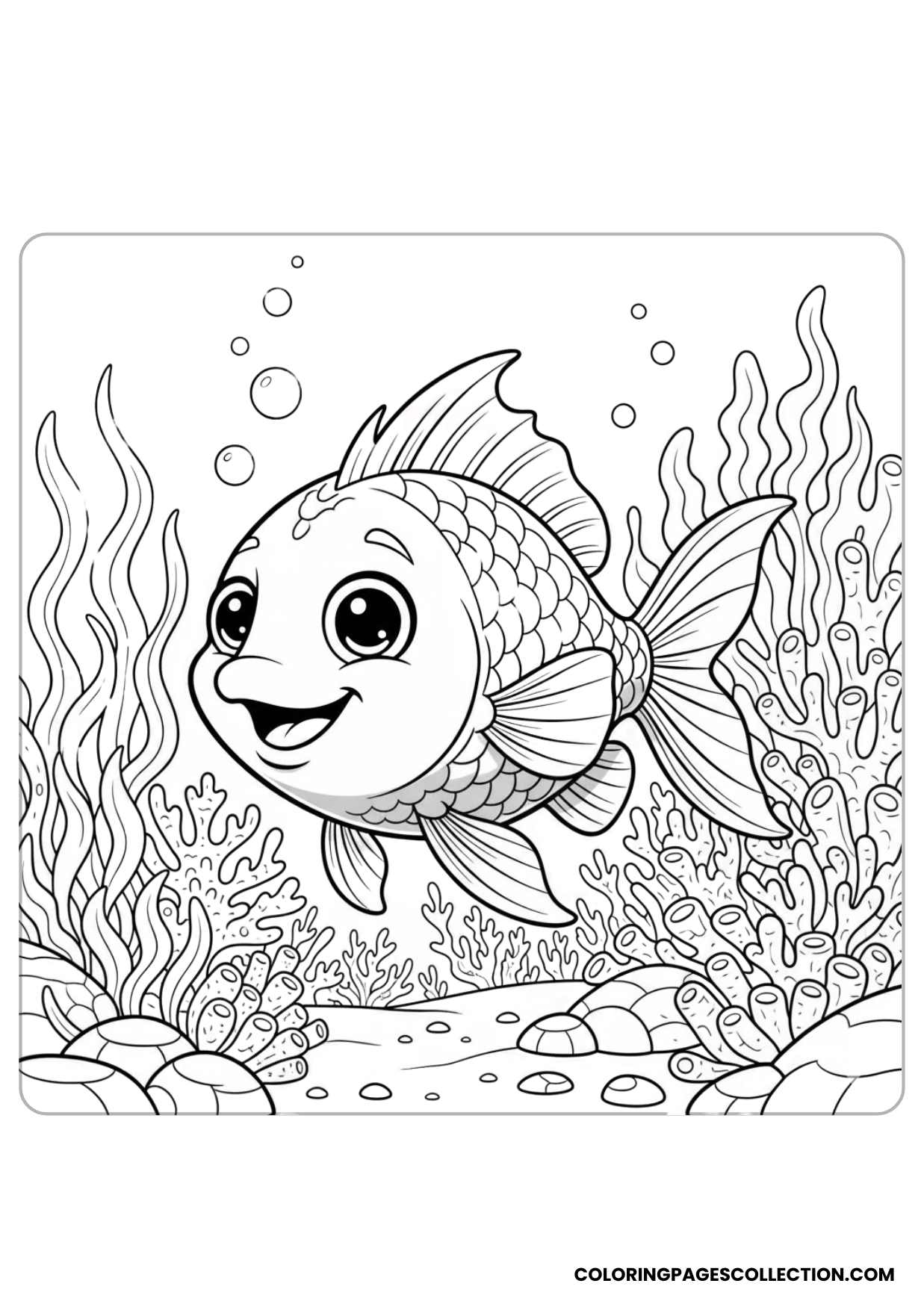 A simple yet beautiful happy fish on a coral reef coloring page can look amazing with shades you choose.