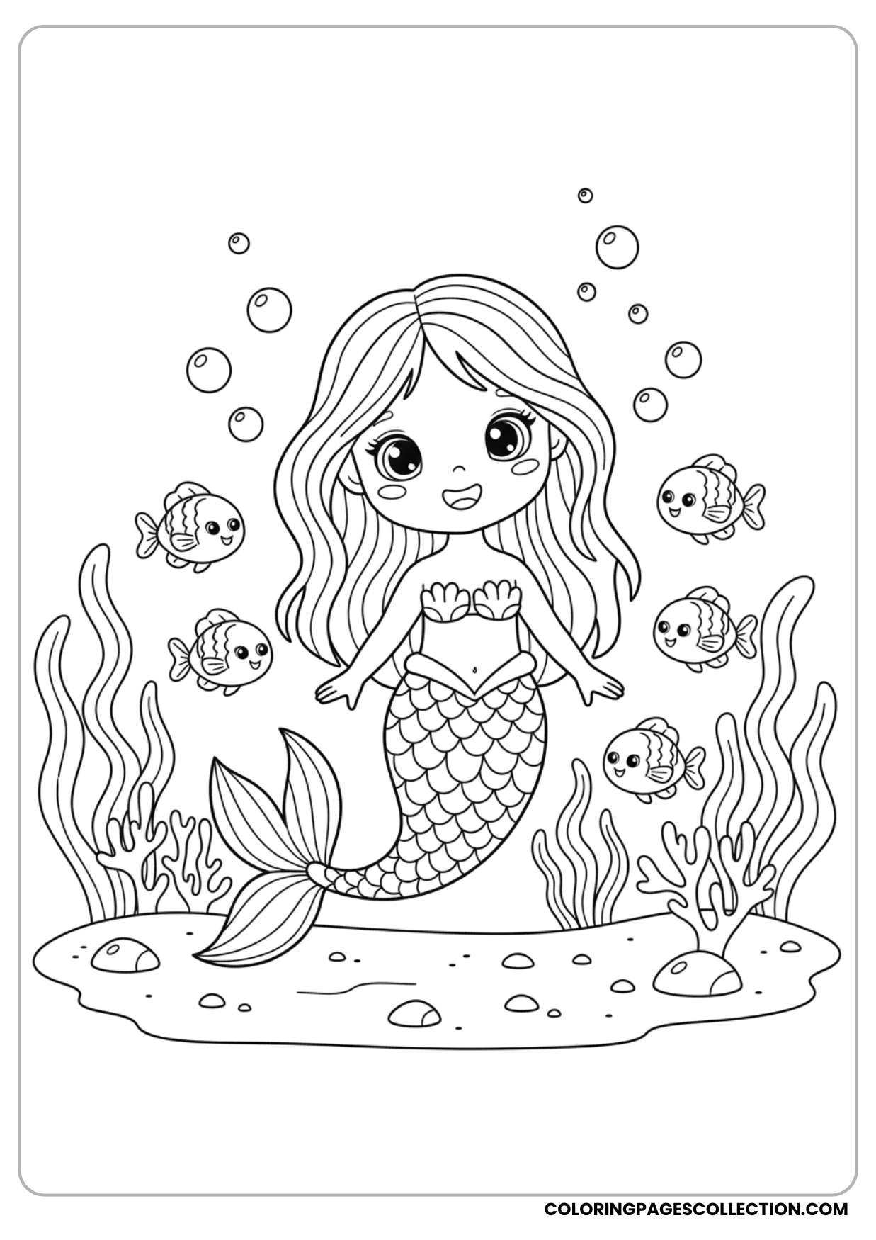 This creative mermaid with fish underwater coloring page is perfect for experimenting with bright and bold colors.