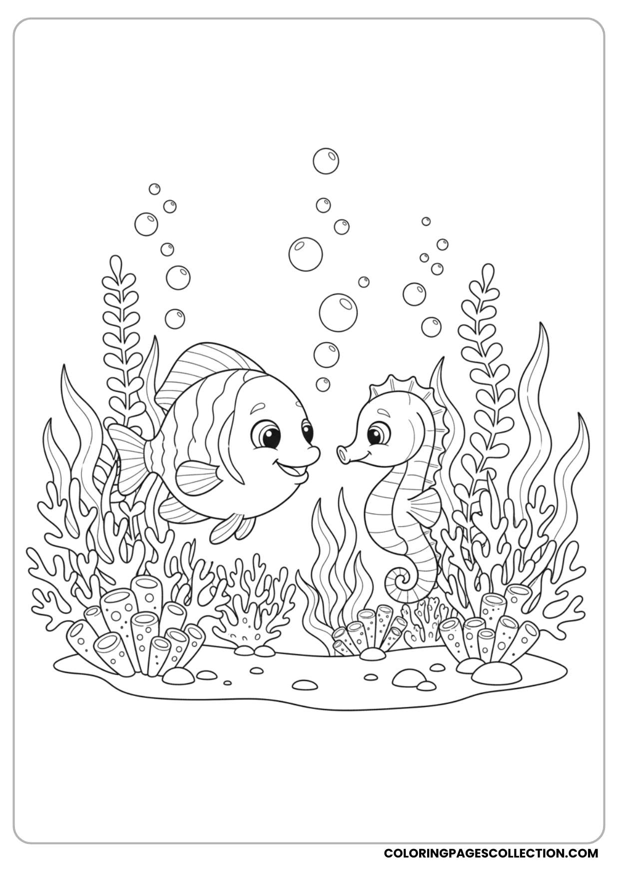 A playful fish and seahorse underwater scene coloring page will be full of life with your color pins.