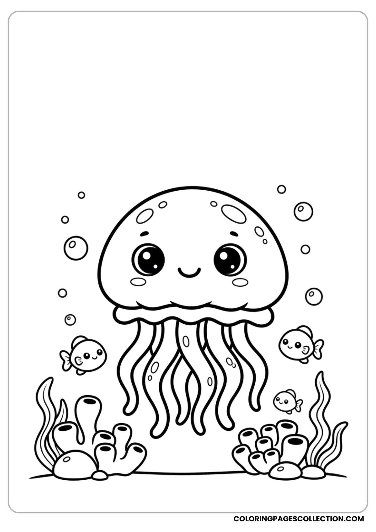 A simple small cute jellyfish with a small fish coloring page. Maybe be your mini artwork with bright shades.