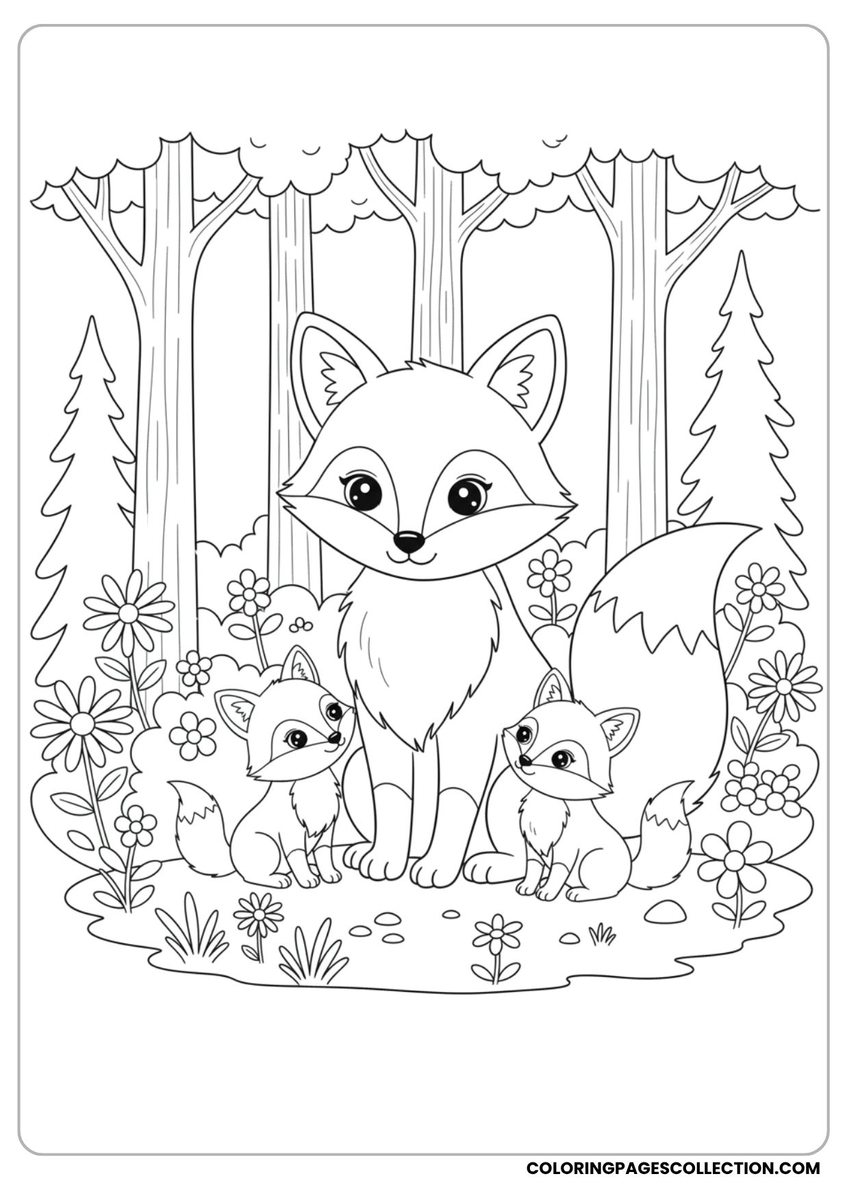 Fox Family in the Woods Coloring Page