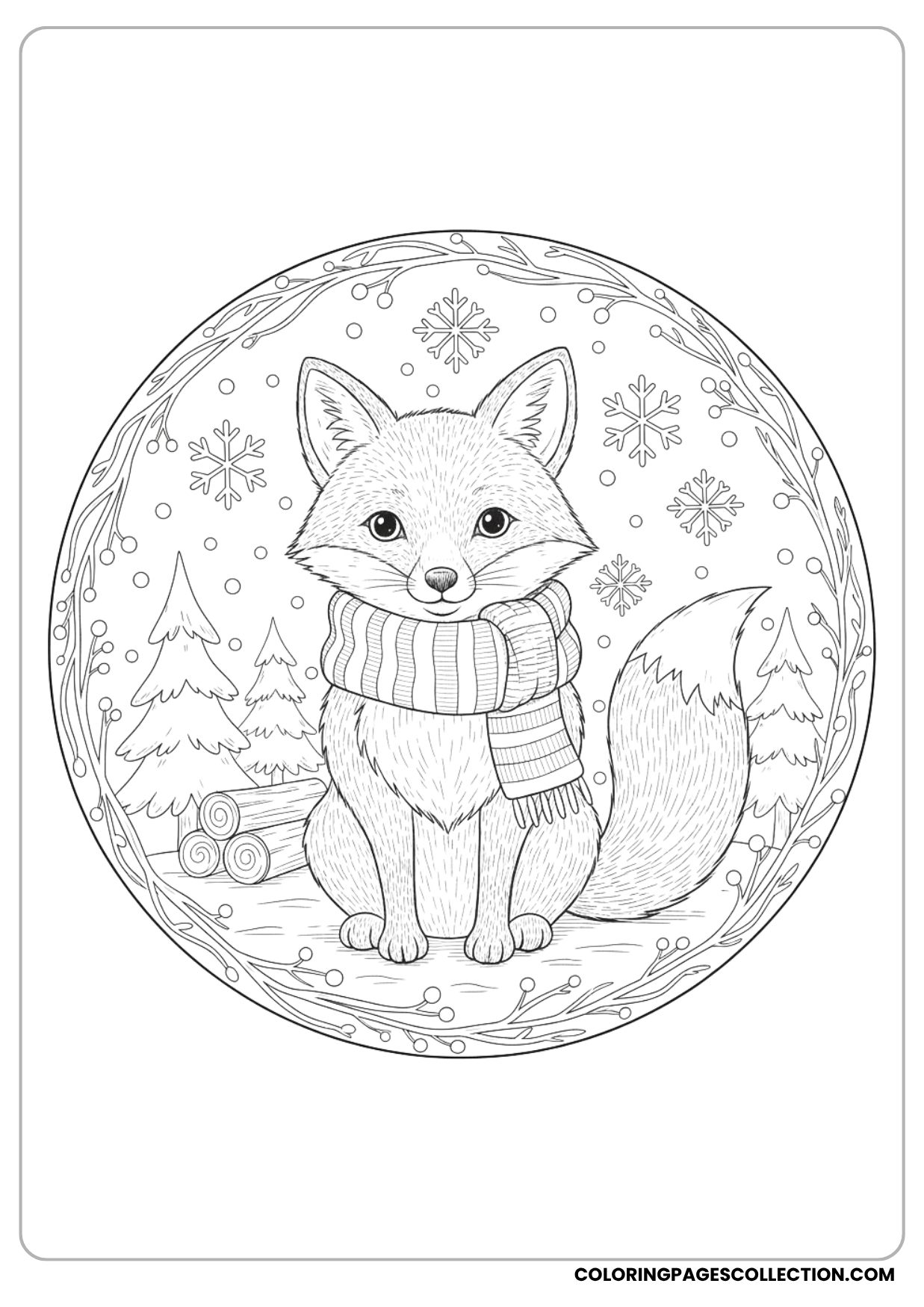 Fluffy Fox with Scarf Coloring Page