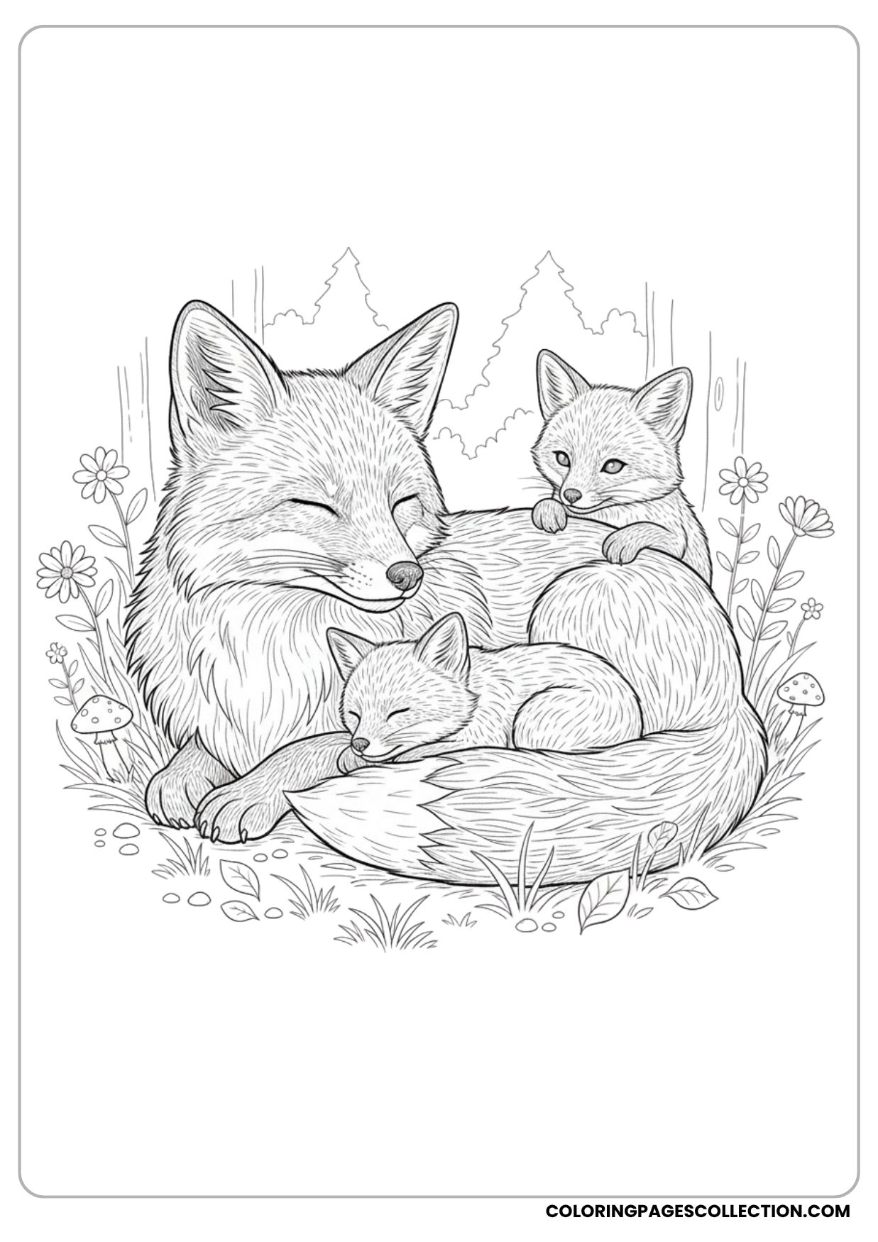 Mother Fox with Cubs Coloring Page