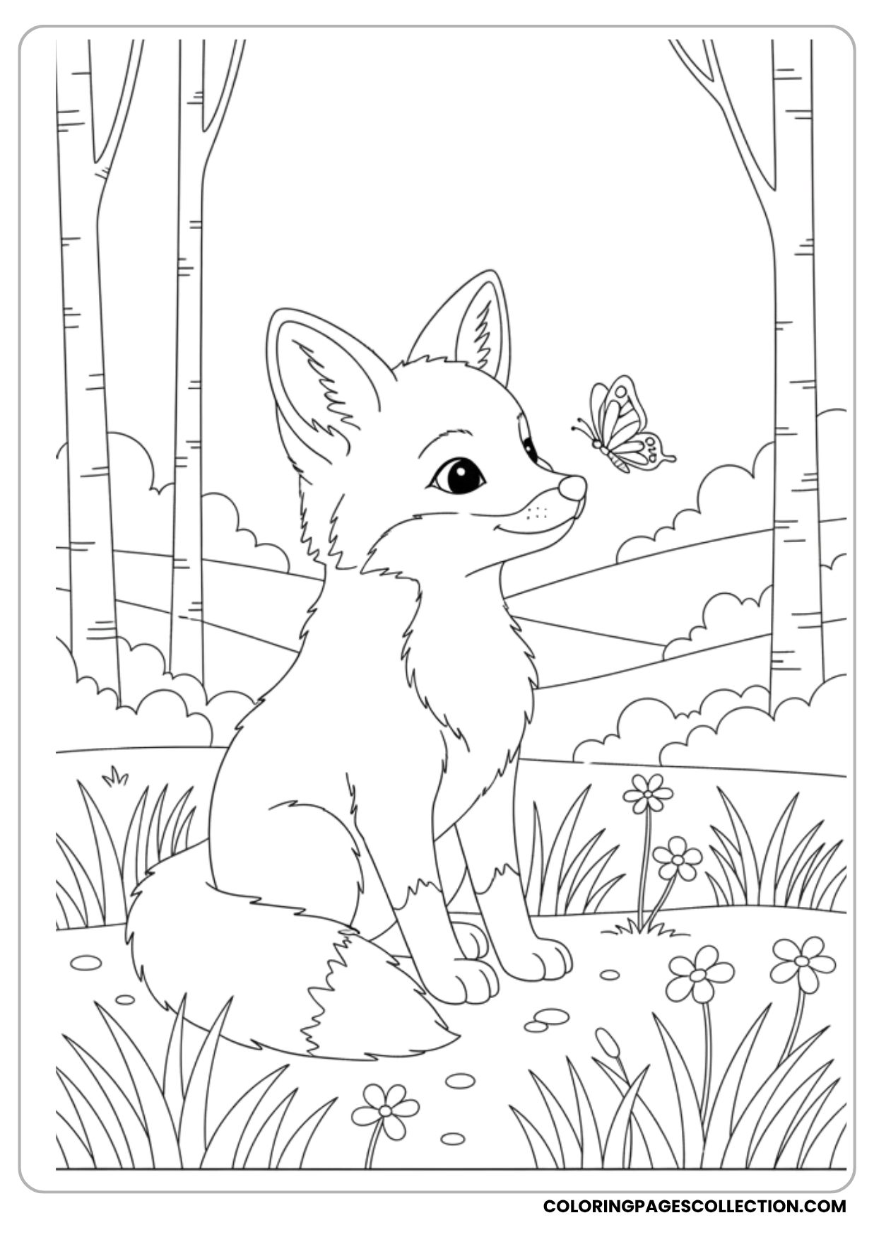 Fox with Butterfly Coloring Page