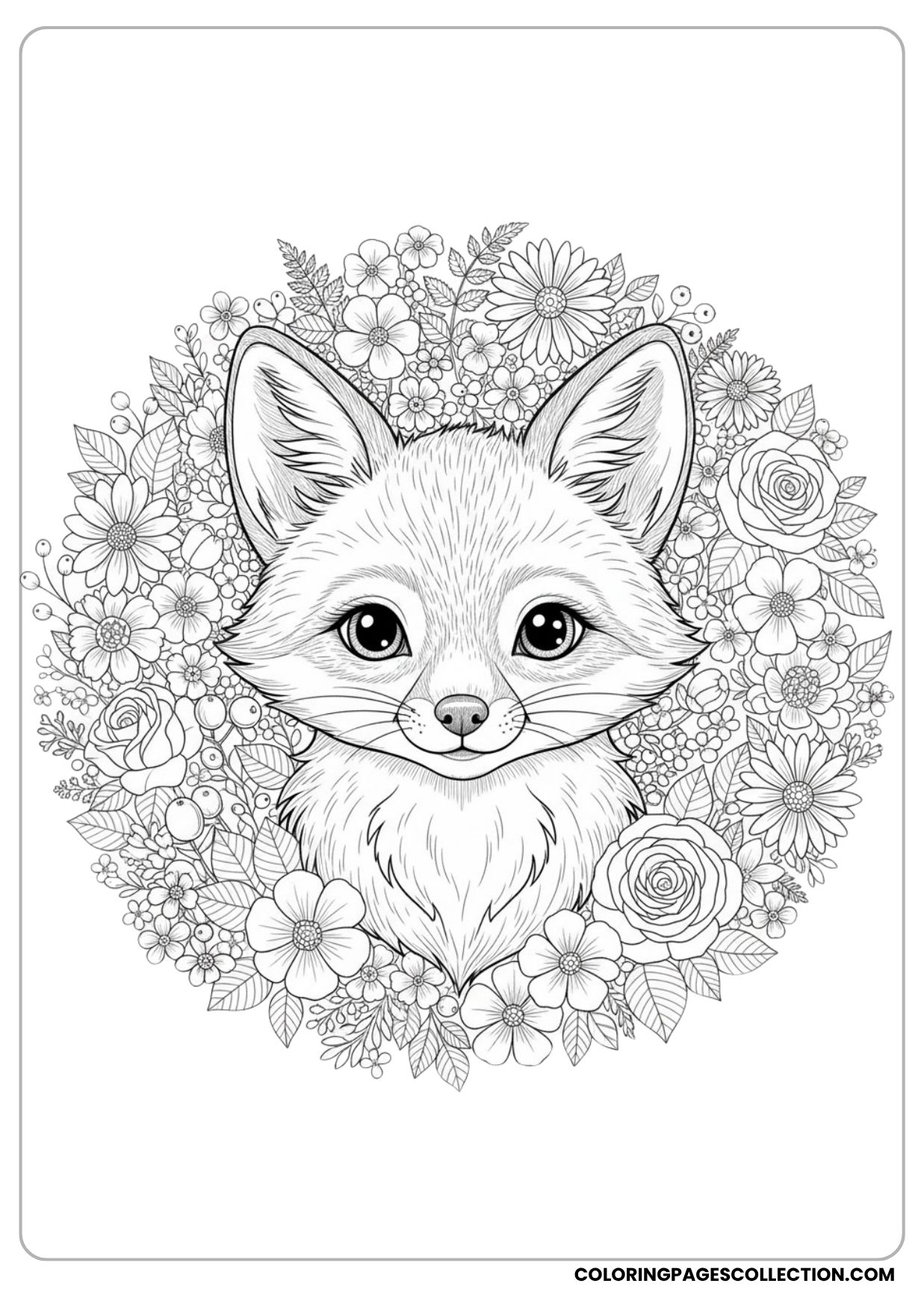Woodland Baby Fox with Flowers Coloring Page