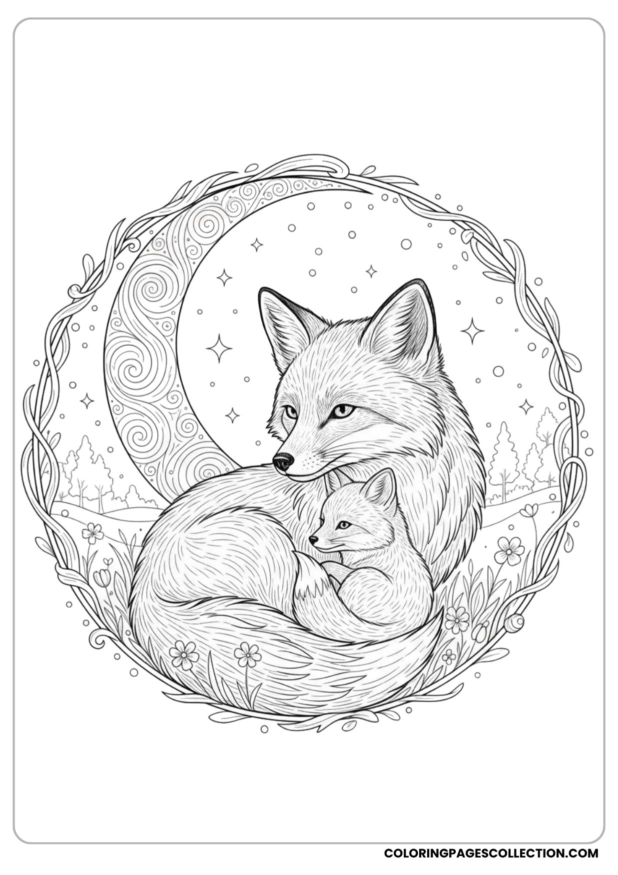 Sleeping Mother and Baby Fox Coloring Page