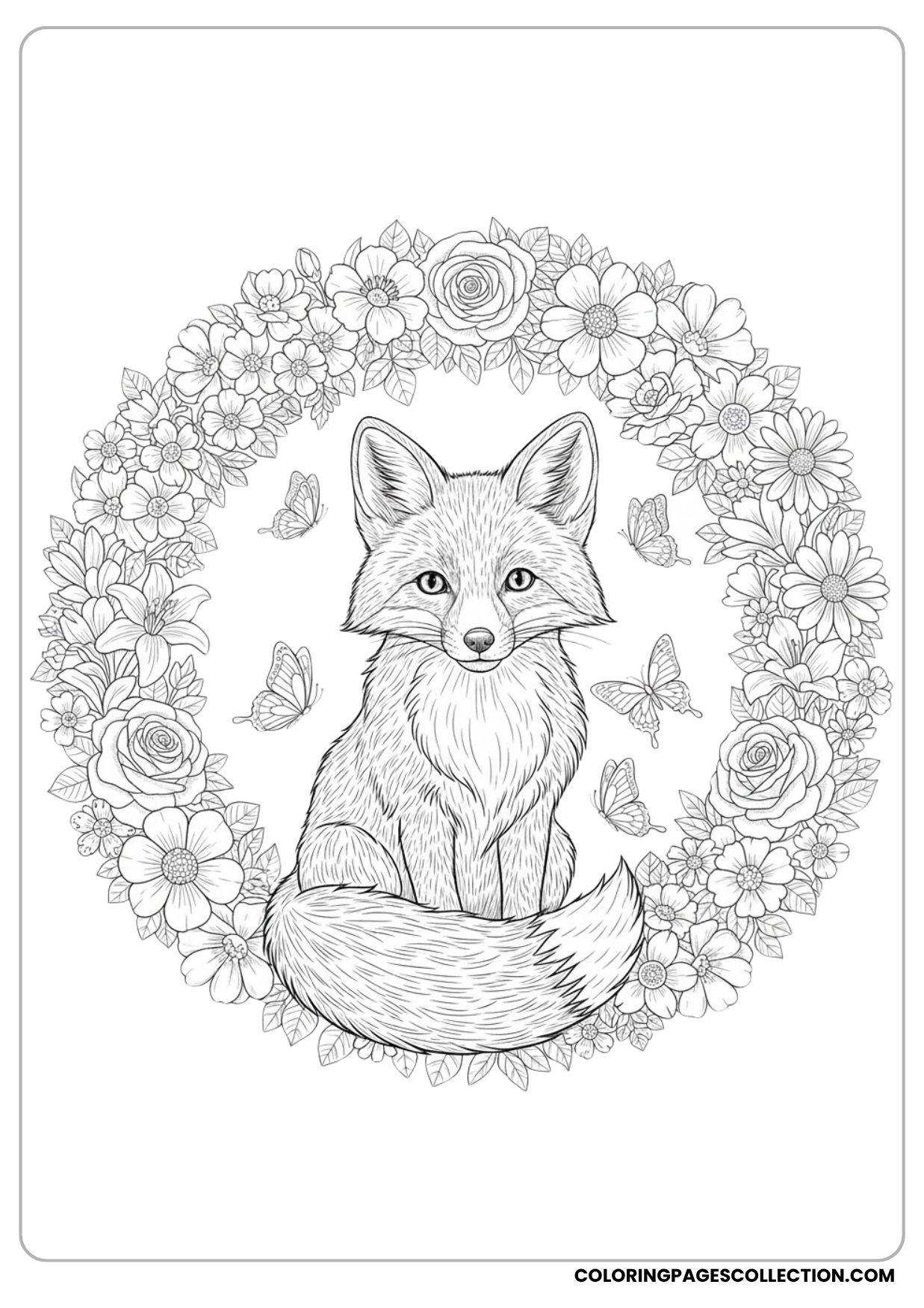 Curious Fox with Flowers Coloring Page