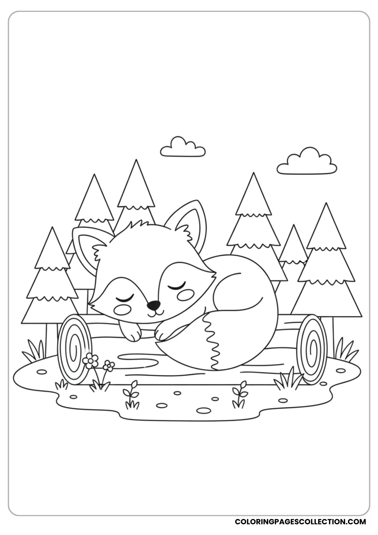 Fox with Trees and Log Coloring Page