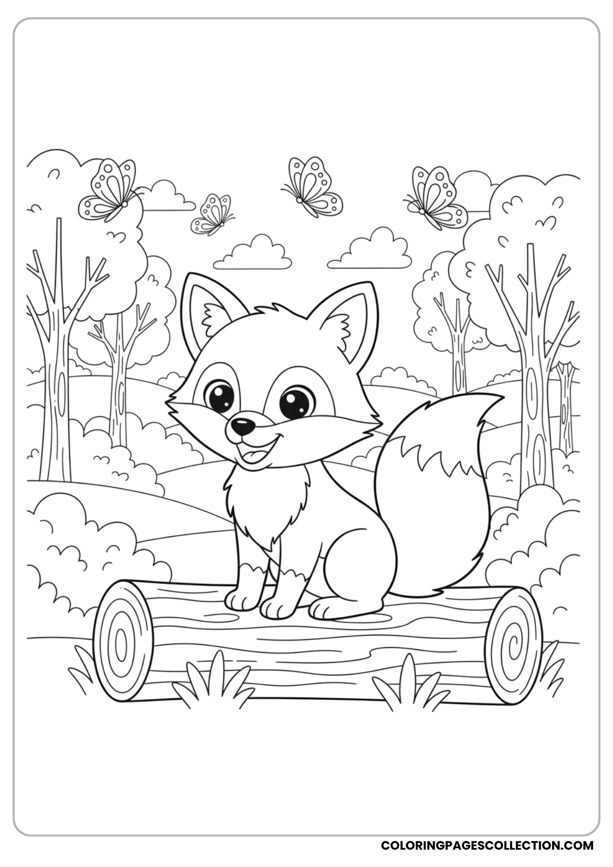 Cute Fox on Log Coloring Page