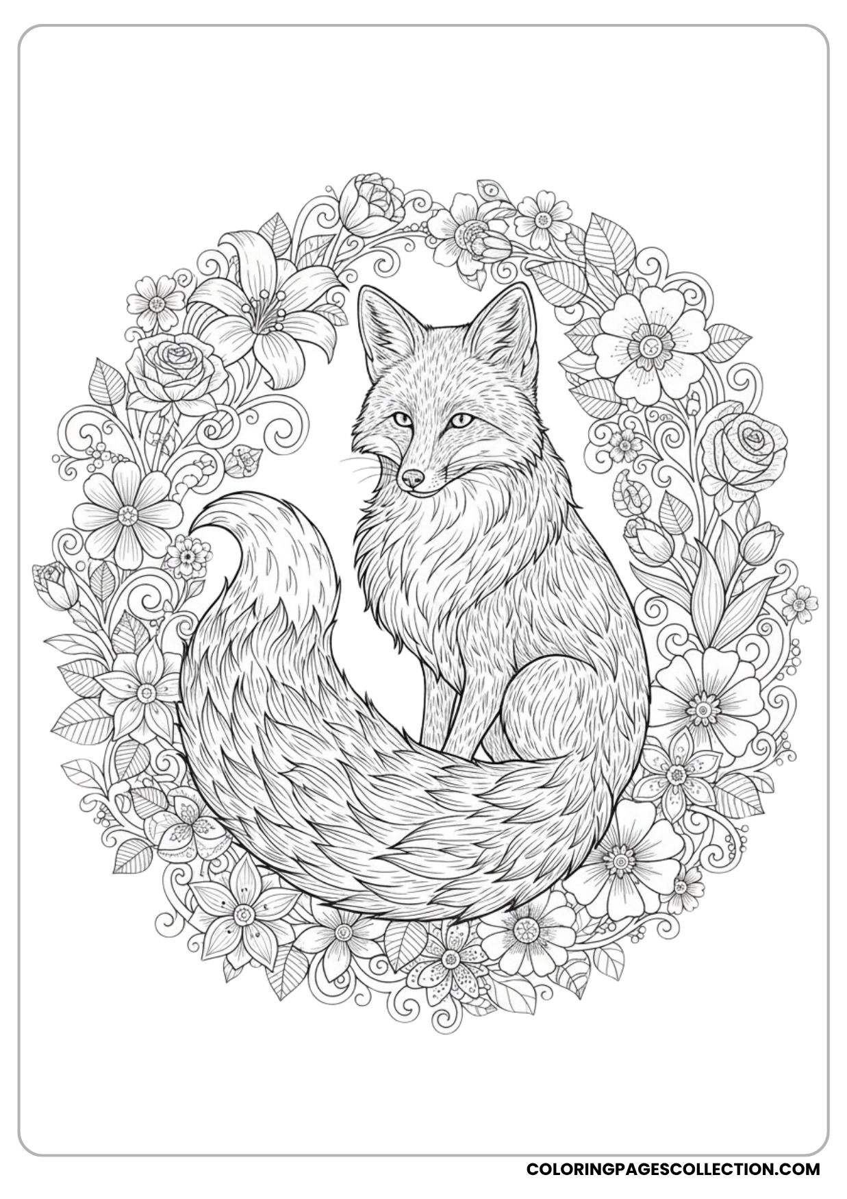 Realistic Floral Fox Coloring Page