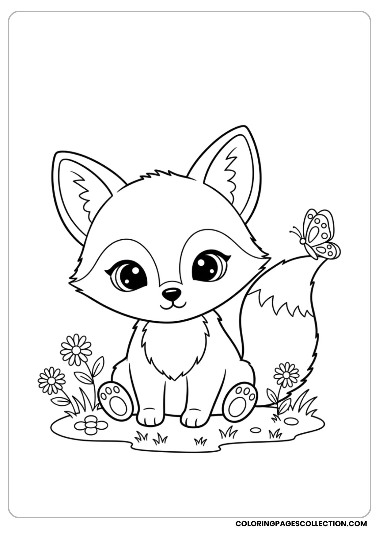Baby Fox with Butterfly Coloring Page