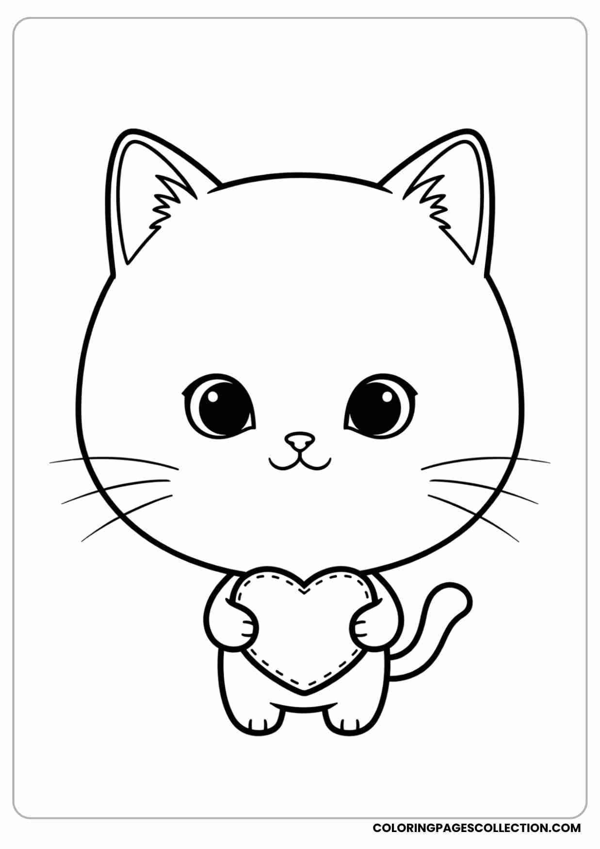 Young kitten holding a small heart pillow, oversized head, small round body, cartoon style.