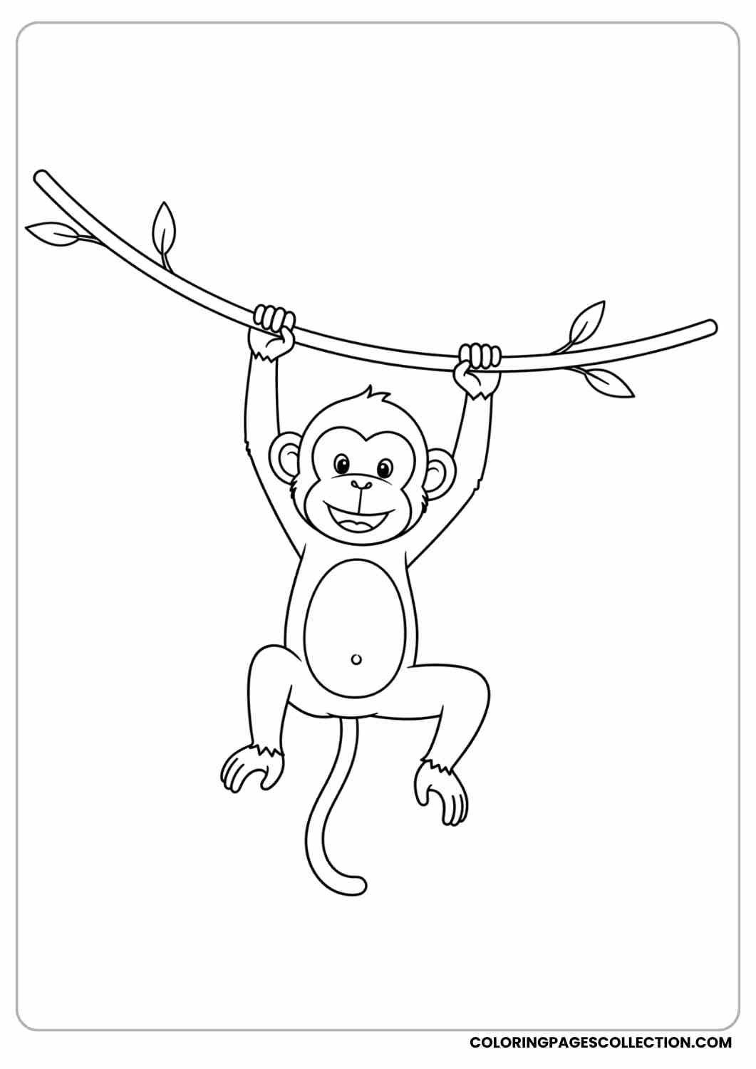 Smiling monkey swinging from a single vine, short tail, minimal details.