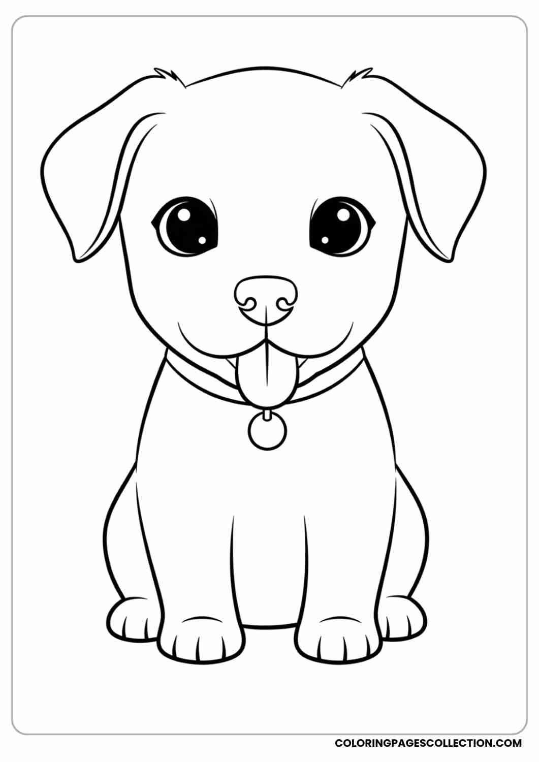 Cute puppy sitting with tongue out and big round eyes, wearing a tiny collar, thin stroke
