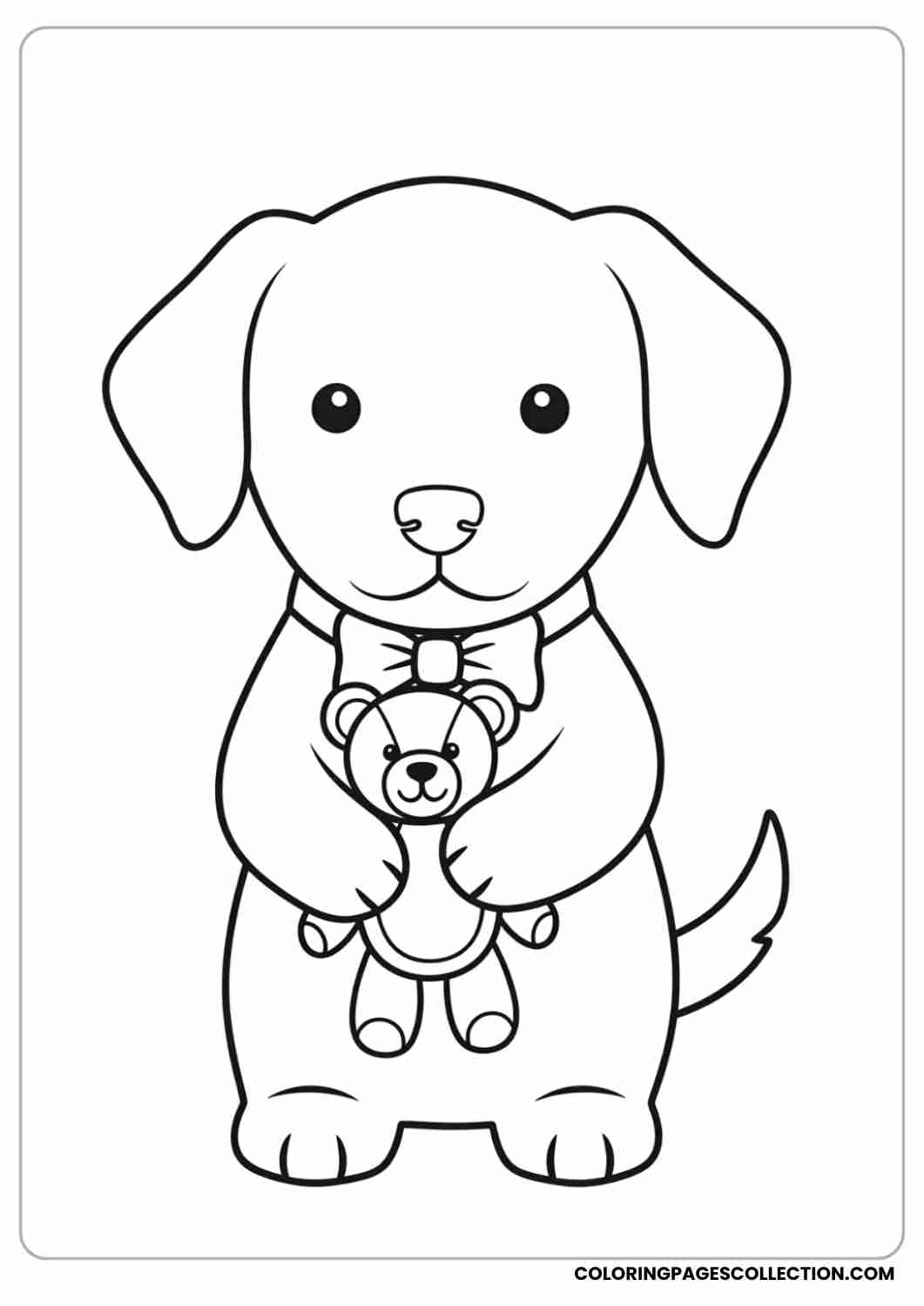 Easy puppy outline holding a toy teddy bear, wearing a bow tie, thin stroke