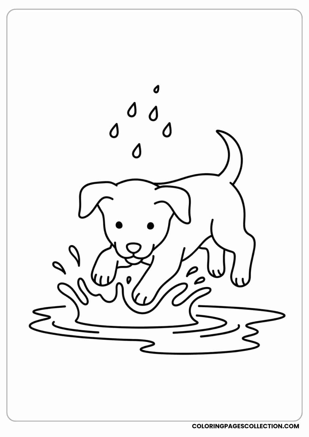 Puppy splashing in a puddle, with little raindrops above, thin stroke