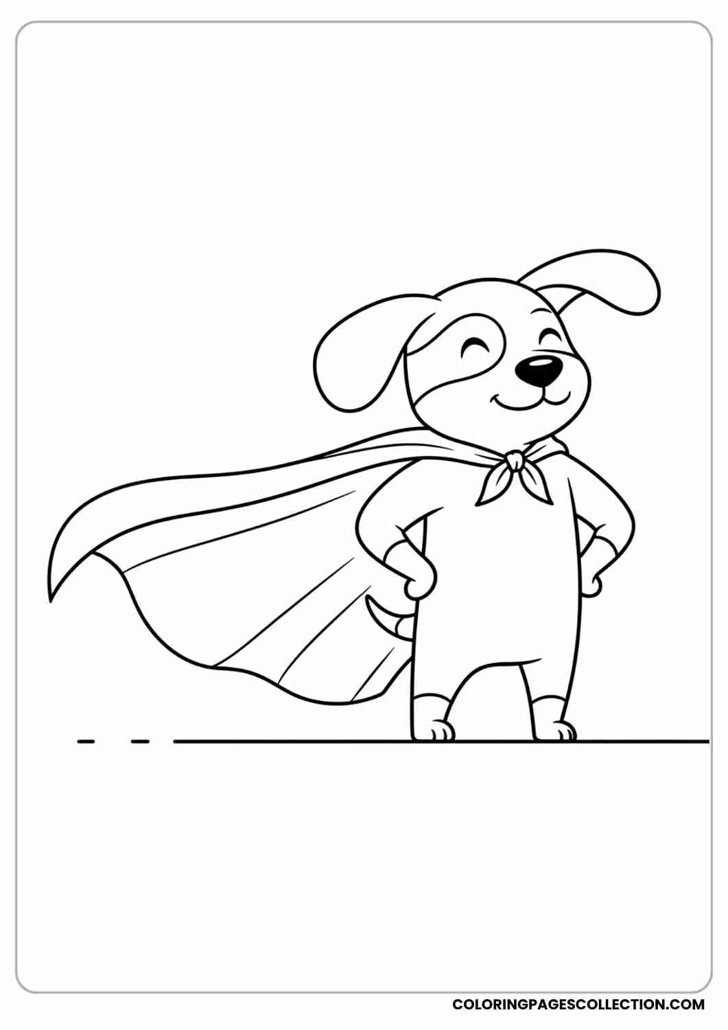 Cartoon puppy wearing a superhero cape, standing proudly, thin stroke