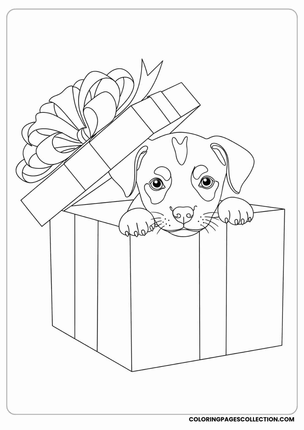 Cute tiny puppy peeking from inside a gift box, with a big ribbon, thin stroke