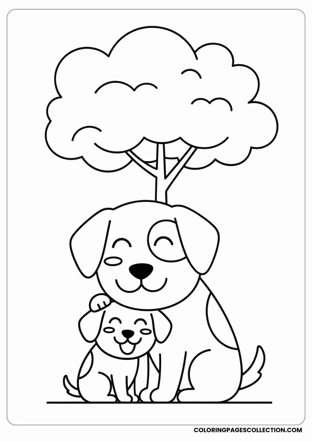 Puppy cuddled up next to its parent dog under a tree, both with happy faces, thin stroke